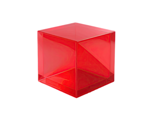 Red, transparent cube, sharp edges, glossy, 3D, geometric, isolated on black