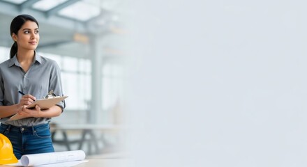 Woman engineer making notes on clipboard. Construction project planning, gas system development, and industrial safety concept.