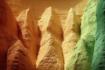 Colorful, textured rock formations in rows