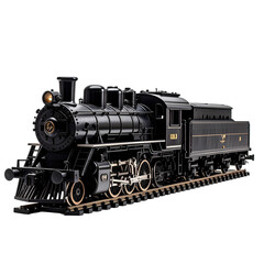 Naklejka premium Detailed black steam locomotive model on tracks