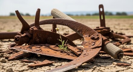 Rusty Farm Equipment and Flower in Dry Field