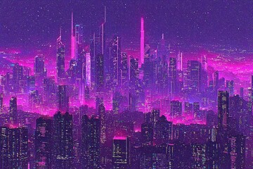 Obraz premium Futuristic city skyline, vibrant magenta neon lights