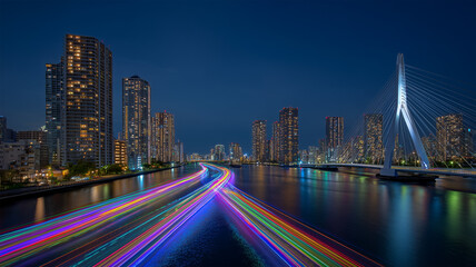 Naklejka premium 都市の高層群と川面の光跡が広がる夜景風景