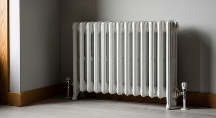 A classic, vintage-style white cast iron radiator sits in the corner of a modern room. The radiator's traditional design, with its elegant legs and vertical columns