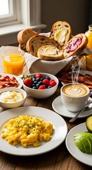 A delightful array of breakfast foods, including toast, fruit, eggs, bacon, yogurt, and coffee, presented attractively on a wooden table.