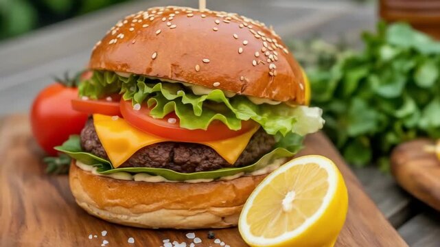 Hamburger buatan sendiri yang lezat dengan daging sapi, bawang merah, tomat, selada dan keju. Burger segar dekat pada meja pedesaan kayu dengan kentang goreng. Burger keju. Burger. generative