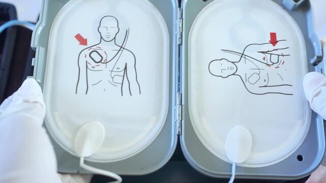 Automatic external defibrillator. Portable defibrillator on a wooden table. Defibrillator for medical care. Device for provision of emergency medical care. Automatic cardioverter with nursing manual