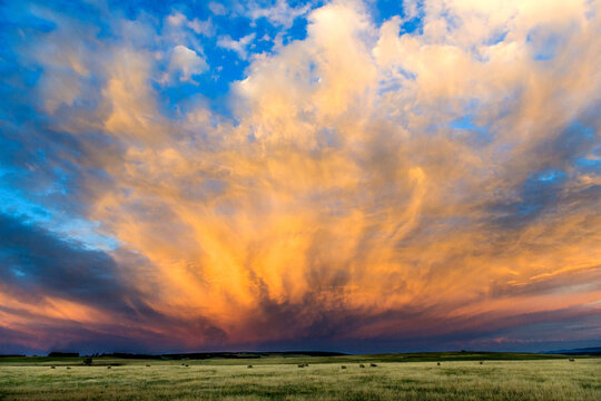 Vibrant sunset clouds explode above a quiet rural field near Port Campbell.