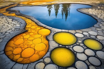 Colorful geothermal pools reflecting sky