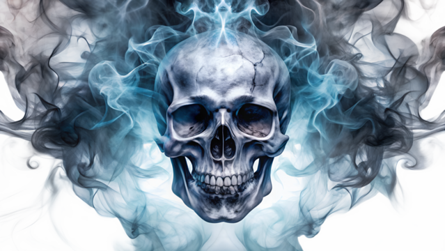 Detailed Skull Surrounded by Ethereal Smoke and Electric Arcs on Transparent Background