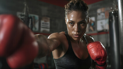 Determined female boxer training with punching bag in gym