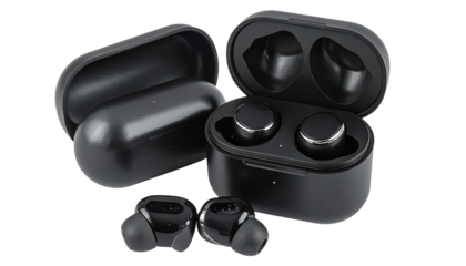 Airbuds PNG, Modern Wireless Earbuds with Charging Case, Transparent Background, Audio Illustration, Music and Technology Design