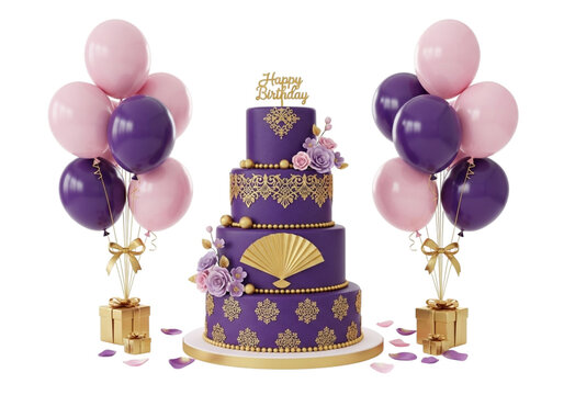 Elegant purple birthday cake with gold accents and balloons isolated on transparent background