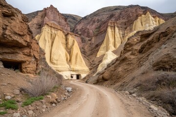 Dusty canyon road winds through colorful rock formations