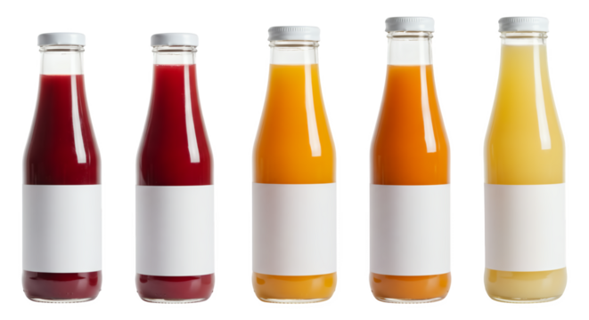 A set of bottles of fruit juice on a transparent background