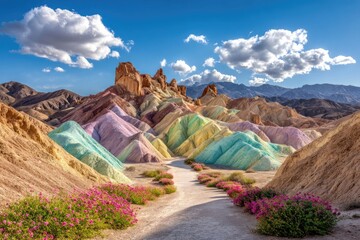 Colorful hills and a path under a clear sky