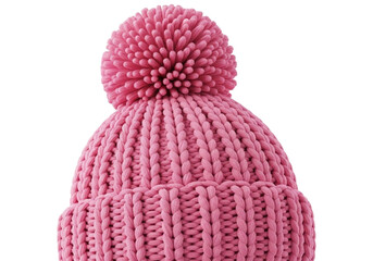 Pink knitted beanie with a pompom isolated on transparent background