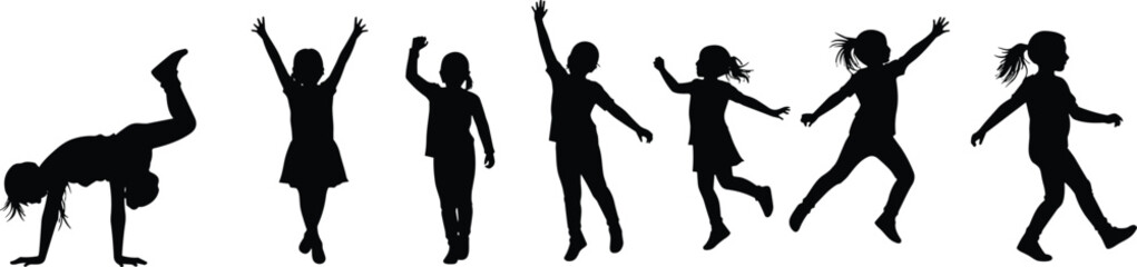 Black silhouette of active girls, children dancing and jumping, playful kids poses, energetic child movements, young girls playing vector, isolated school children figures