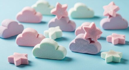 Pastel Marshmallow Clouds and Stars on Blue Background