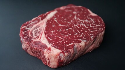 Obraz premium Juicy marbled ribeye steak presented on a dark background, ready for grilling and culinary delight