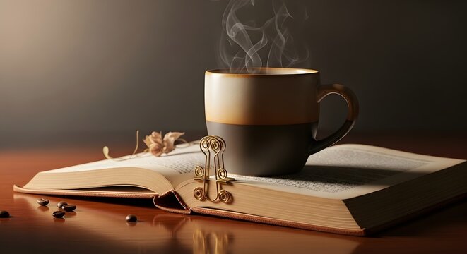 Steaming coffee cup resting on an open book with coffee beans