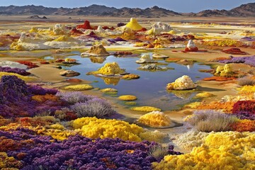 Colorful mineral formations in a desert landscape with pools of water