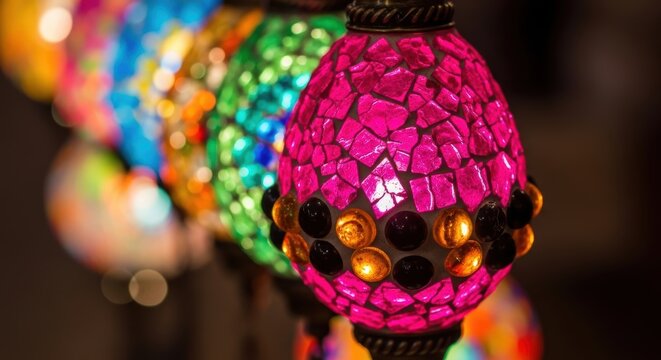 Colorful mosaic lanterns illuminating in a vibrant array