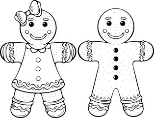 Gingerbread man and girl holiday biscuit or cookie. Traditional Christmas sweet for card, poster, packaging, seasonal design. Vector illustration in hand drawn sketch style. Line art isolated on white