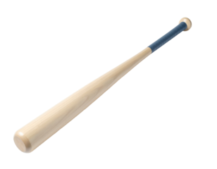 Wooden baseball bat, light beige/tan colored wood, black grip