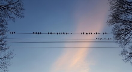 Birds perched on power lines at dusk with silhouetted trees and pink sky