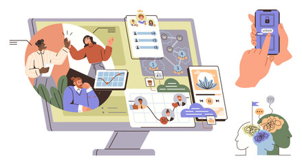 People engaging in teamwork, mobile security, flowcharts, task management visuals, and data sharing apps. Ideal for collaboration, technology, innovation, productivity security remote work simple