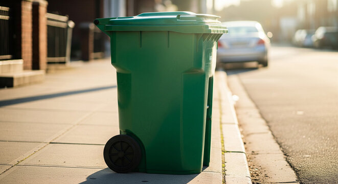 A green wheeled garbage bin sits on a sun-drenched sidewalk at the curb, with a blurred street and car in the background. This image captures a moment of quiet