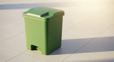 A clean, green plastic trash can stands on a sunlit tiled floor, casting a long shadow. This image has a minimalist and modern feel, perfect for themes of cleanliness, waste management