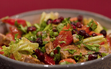 Plate with salad. Salad greens, tomato, pomegranate and other vegetables. Close-up. Restaurant food.