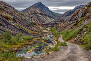 Colorful mountain valley with winding stream and dirt road