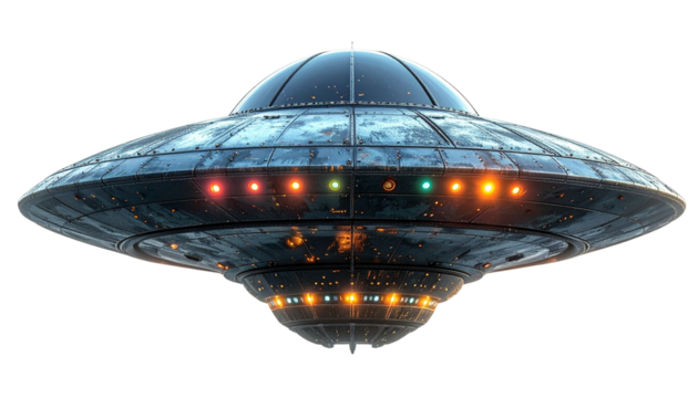 UFO PNG, Flying Saucer with Futuristic Design and Glow, Transparent Background, Alien Spacecraft Illustration, Extraterrestrial and Sci-Fi Design - Powered by Adobe