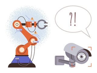 Robotic arm with alarms interacts with a security camera, overlaid with a speech bubble featuring question marks. Ideal for automation, AI, monitoring, alerts, robotics, security industry. Simple