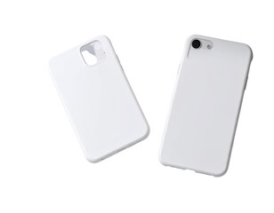 Two blank, white smartphone cases, one portrait, one landscape, angled, showing camera lens cutout