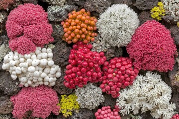Close-up of colorful plants on volcanic rock