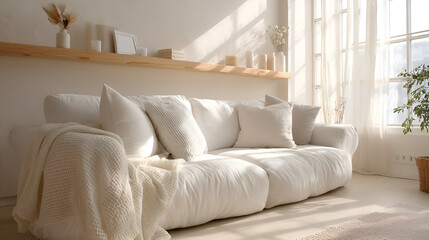 Fototapeta premium Comfortable white sofa illuminated by sunlight in modern living room