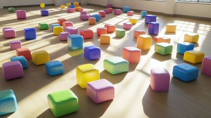 Obraz premium Colorful cubes scattered on a light-filled floor