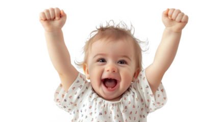 Adorable baby bursts with joy, arms raised in a triumphant celebration of happiness