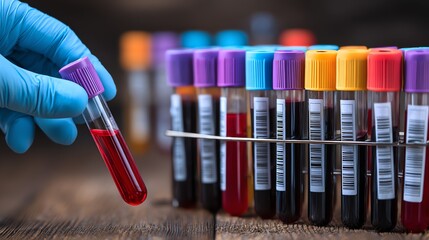 A gloved hand carefully holds a blood sample tube, highlighting a row of similarly labeled specimens awaiting analysis in a laboratory setting, emphasizing precision.