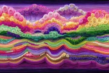 Colorful paper quilling landscape with swirling clouds
