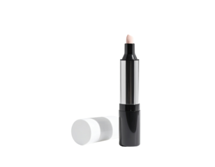 A light beige cosmetic marker-style product with a black and white cylindrical casing.  Two containers