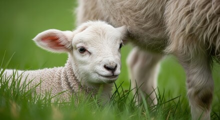 Obraz premium Adorable lamb resting in green pasture with protective sheep nearby