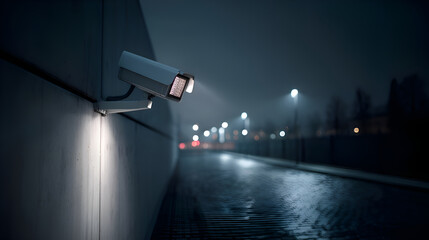 Security camera monitoring empty city street at night