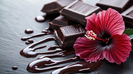 Dark chocolate bars and hibiscus flower