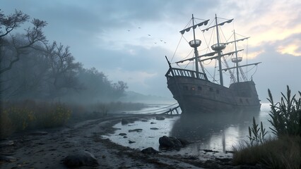 Obraz premium Ghostly Shipwreck on Foggy Shore Halloween Night