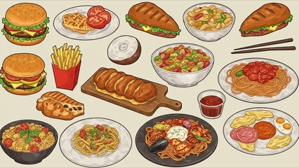 Assorted Cartoon Style Food Dishes